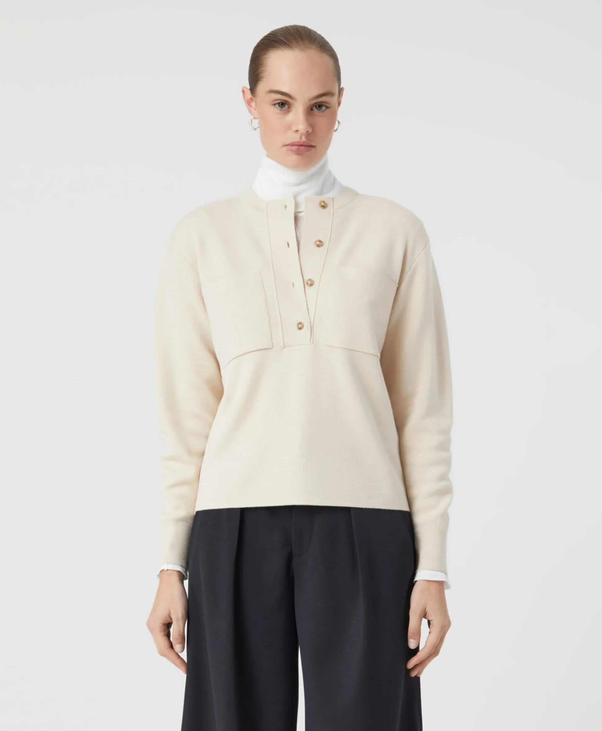 Clearance Pullover Crew Neck Henley Beige Dames Truien