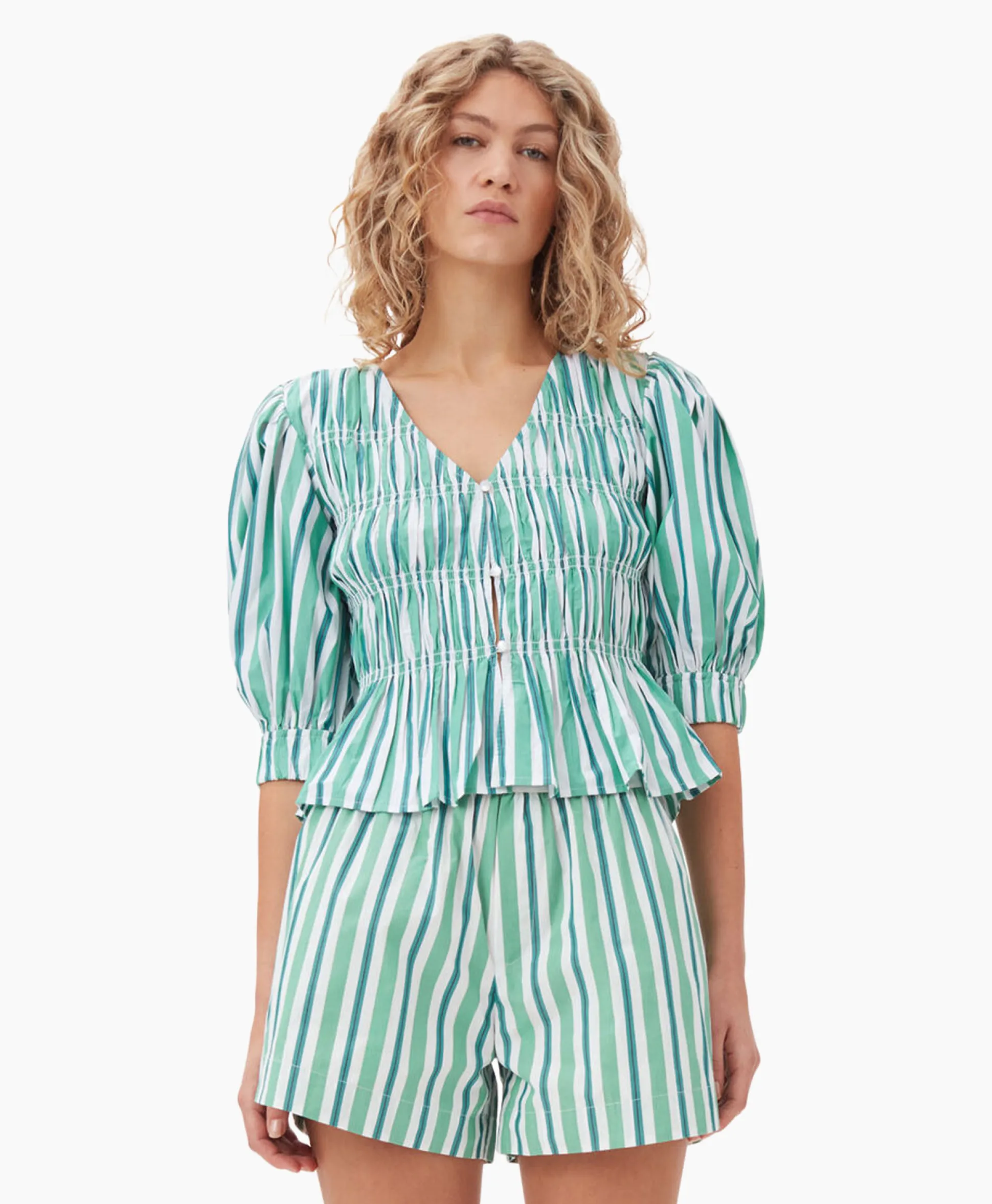 Best Blouse Stripe Cotton V-Neck Fitted Groen Dames Blouses